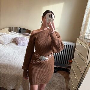 Brown off the shoulder chunky knit mini dress-NWT